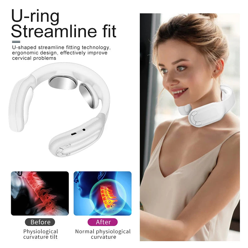 Electric Neck Massager Pulse Therapy Muscle Stimulator Wireless Heating Vibration Cervical Vertebra TENS Massage USB Charging - Sagacia