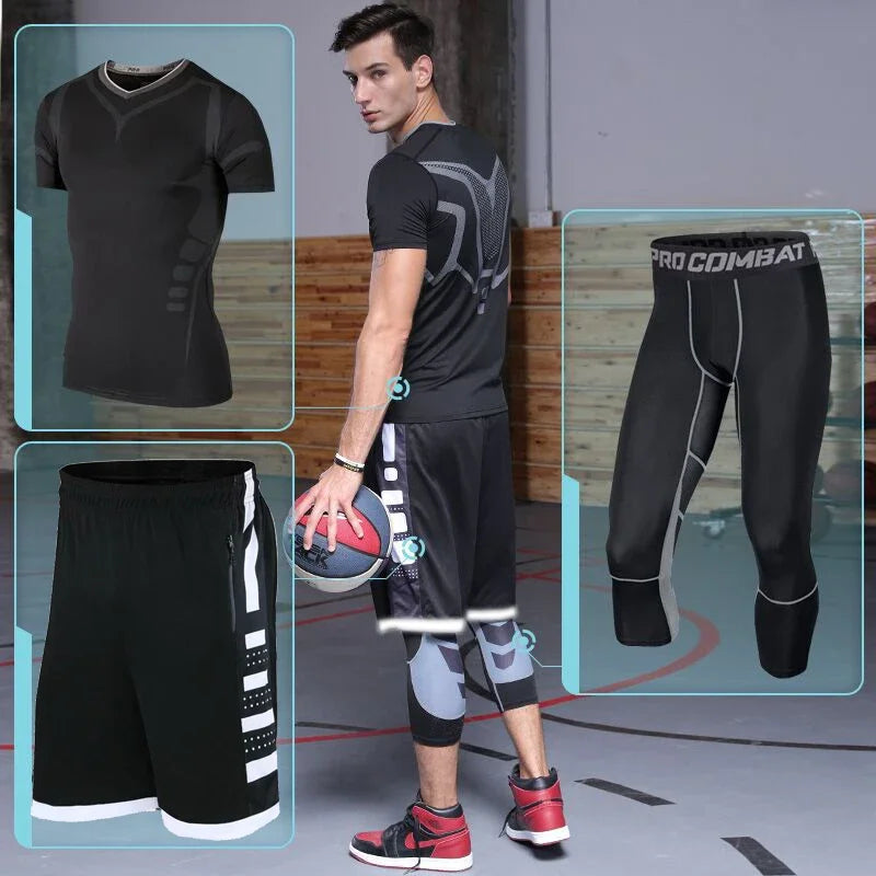 Men's Running Tracksuit Training Fitness Sportswear Set Compression Leggings Sport Clothes Gym Tight Sweatpants Rash Guard Lycra