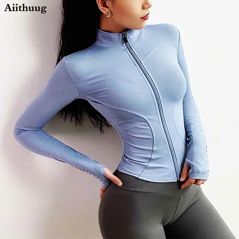 Aiithuug Women's Slim Fit Lightweight Jackets Women's Full Zip-up Yoga Sports Running Jacket with Thumb Holes for Workout